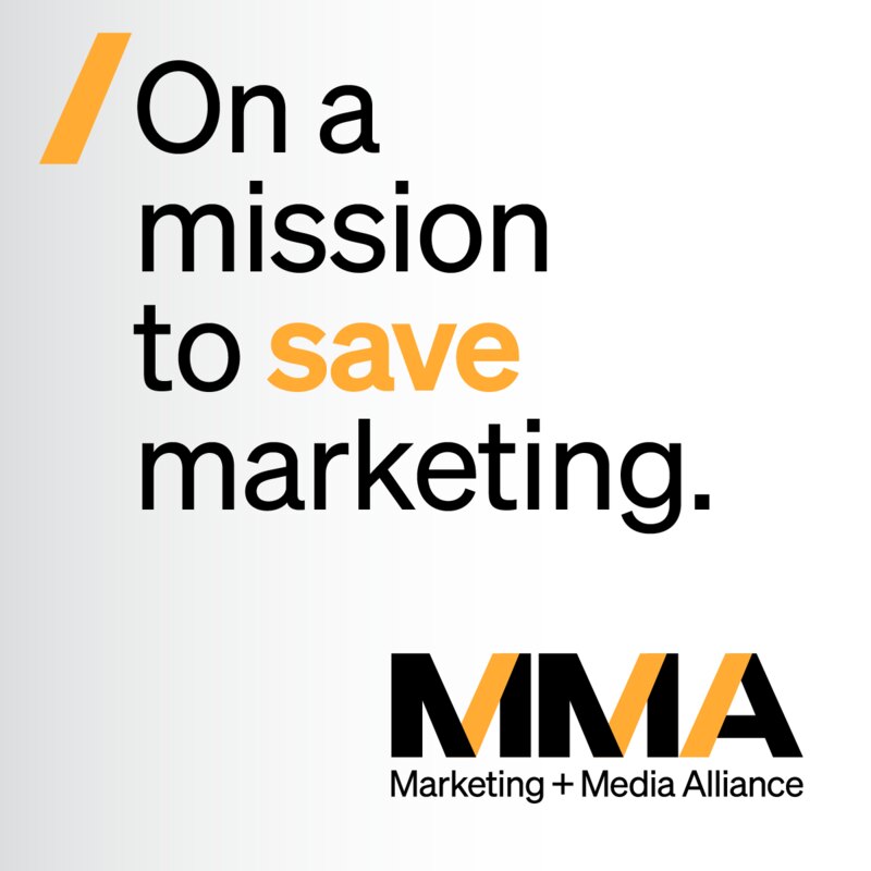 Launch post with a gold diagonal and the headline On a mission to save marketing, with save in gold, and the MMA logo at the bottom right
