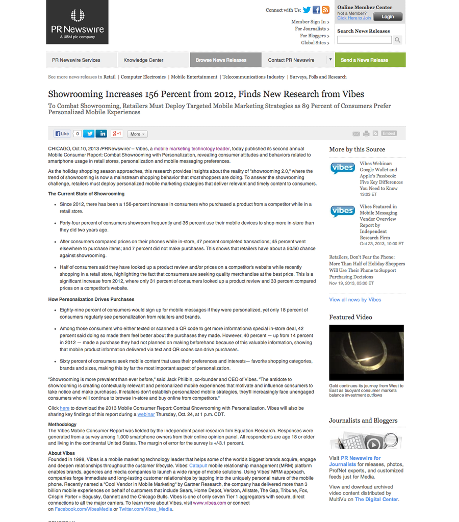 Showrooming increases 156% from 2012, Finds New Research from Vibes